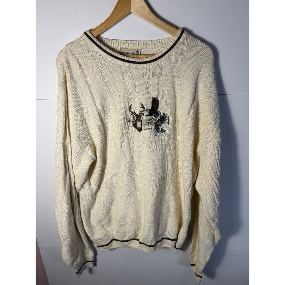 Fieldmaster Mens Vintage Wildlife EmbroideredCotton Knit Sweater Cream Large USA